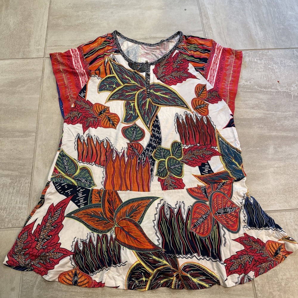 Soft Surroundings Womens Tunic Tropical Floral Tigerwood Placed Print Small‎